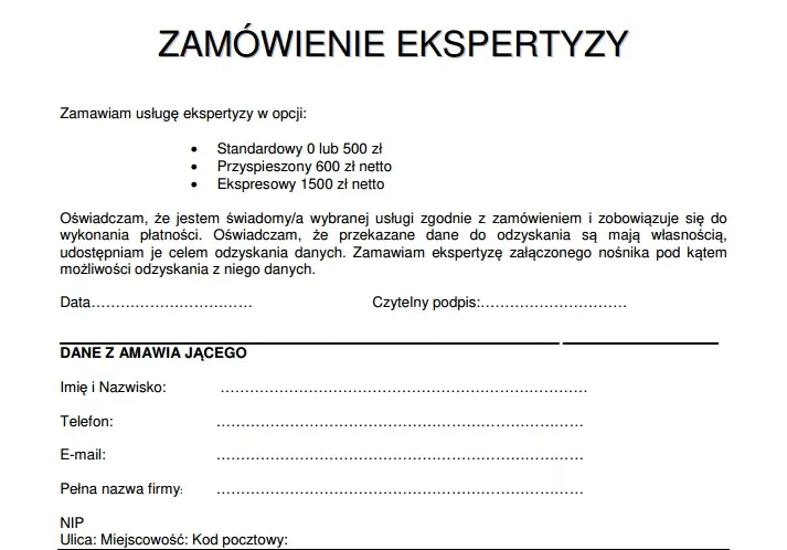 Grafika przedstawiająca formularz zamówienia odzyskania danych